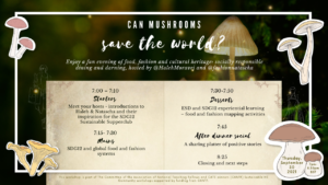 Image shows a menu, headed 'Can mushrooms save the world?' - them menu outlines the programme for the event. Mushrooms decorate the image. 