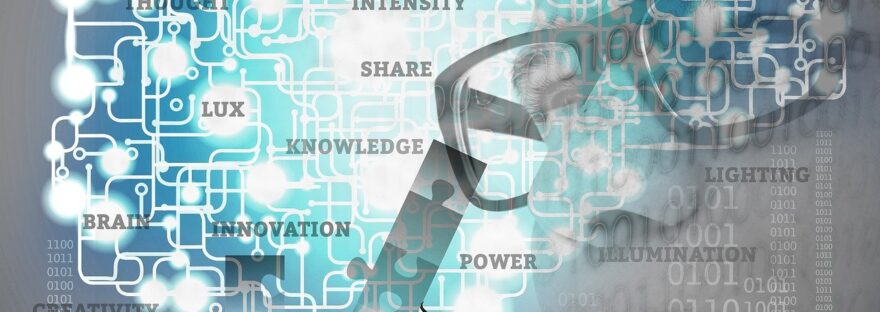Graphical representation of interconnections and links between ideas. Words such as 'thought', 'idea' and 'innovation' are included within the image. The outline of a man's face looking toward the connections and words sits to the right. At the bottom of the image are a collection of silhoutted figures putting large puzzle pieces together.