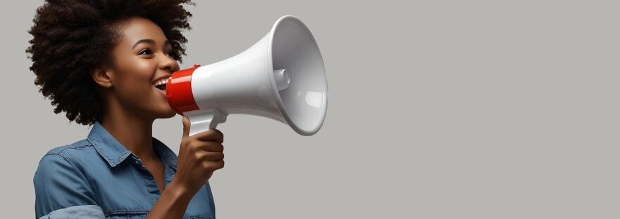 AI generated woman using loud speaker to make an announcement