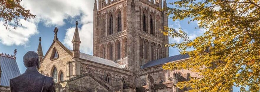 Hereford Cathedral, statue of Sir Edward Elgar in the foreground