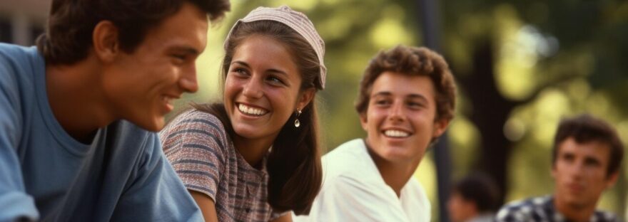 Photograph of four students sitting, smiling