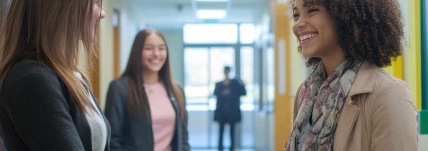 Women shaking hands in corridor